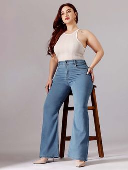 Miss Chase - A+ Curve Collection Plus Size Women's Blue Solid Bootcut Fit Jeans