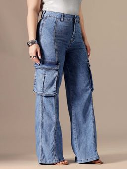 Miss Chase - A+ Curve Collection Plus Size Women's Blue Solid Wide Fit Jeans