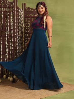 Miss Chase - A+ Curve Collection Plus Size Women's Teal Floral Fit & Flare Ethnic Dress