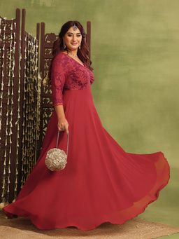 Miss Chase - A+ Curve Collection Plus Size Women's Brick Red Fit & Flare Ethnic Dress