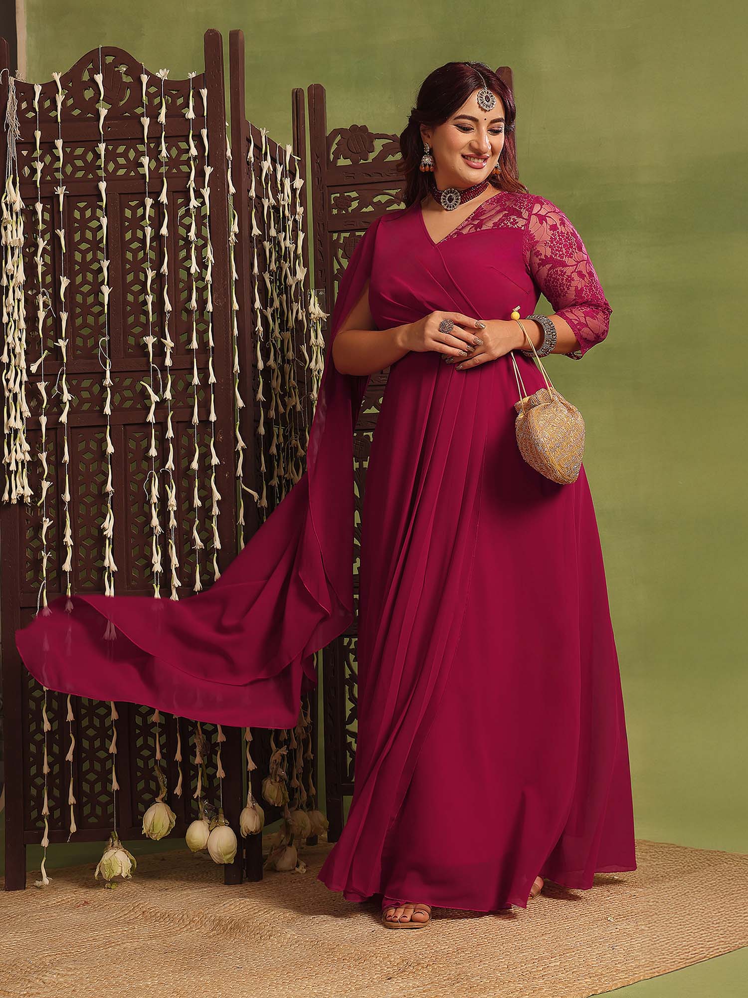 miss chase A+ Curve Collection Plus Size Women's Dark Pink Asymmetric Ethnic Dress-picture-14