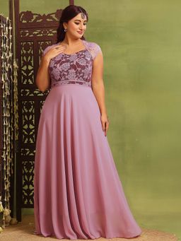 Miss Chase - A+ Curve Collection Plus Size Women's Lavender & Wine Floral Ethnic Dress