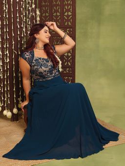 Miss Chase - A+ Curve Collection Plus Size Women's Teal Floral Fit & Flare Ethnic Dress