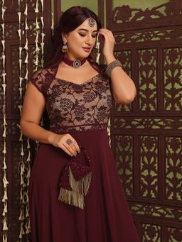 Miss Chase - A+ Curve Collection Plus Size Women's Wine & Beige Flared Ethnic Dress