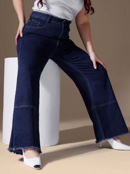 Miss Chase - A+ Curve Collection Plus Size Womens Navy Blue Wide Leg Denim Jeans