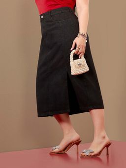 Miss Chase - A+ Curve Collection Plus Size Women's Black Straight-Fit Denim Midi Skirt