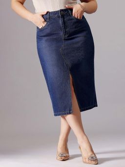 Miss Chase - A+ Curve Collection Plus Size Women's Dark Blue A-Line Denim Midi Skirt