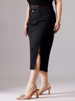 Miss Chase - A+ Curve Collection Plus Size Women's Black Straight-Fit Denim Midi Skirt