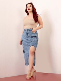 Miss Chase - A+ Curve Collection Plus Size Women's Blue Straight-Fit Denim Midi Skirt