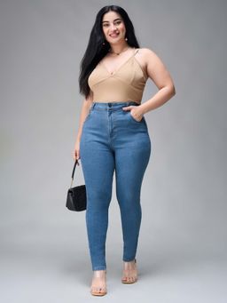 Miss Chase - A+ Curve Collection Plus Size Women's Blue Solid Skinny Denim Jeans