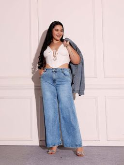Miss Chase - A+ Curve Collection Plus Size Women's Light Blue Wide-Leg Denim Jeans