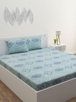 Home Affairs - Cotton Double Queen Bedsheet with 2 Pillow Covers Blue (Set of 3)