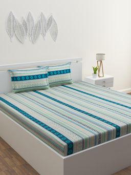 Home Affairs - Cotton Double Queen Bedsheet with 2 Pillow Covers Blue (Set of 3)