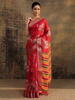 Libas - Red Floral Printed With Zari Woven Design Saree With Unstitched Blouse