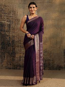 Libas - Purple Zari Woven Design Saree With Unstitched Blouse