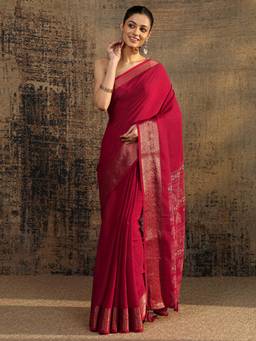 Libas - Red Zari Woven Design Saree With Unstitched Blouse
