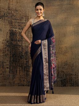 Libas - Navy Blue Zari Woven Design Saree With Unstitched Blouse