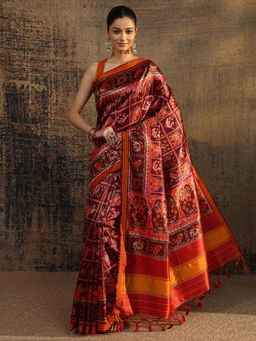 Libas - Brown Tribal Printed Saree With Unstitched Blouse