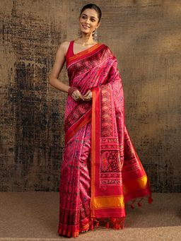 Libas - Pink Floral Printed Saree With Unstitched Blouse