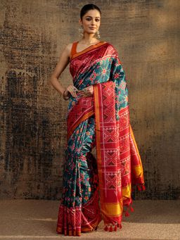 Libas - Teal Ethnic Motif Printed Saree With Unstitched Blouse