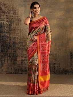 Libas - Green Ethnic Motif Printed Saree With Unstitched Blouse