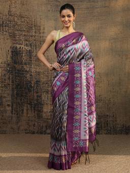 Libas - Grey Geometric Printed Saree With Unstitched Blouse
