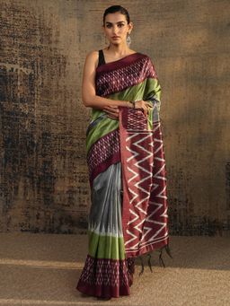 Libas - Brown Chevron Printed Saree With Unstitched Blouse