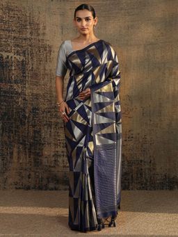 Libas - Navy Blue Geometric Woven Design Saree With Unstitched Blouse