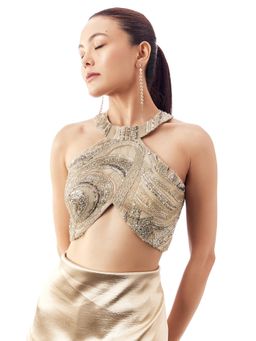 KALKI FASHION - Gold Halter Neck With Cutdana Work