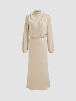 Cider - Stand Collar Solid Ruched Long Sleeve Maxi Dress