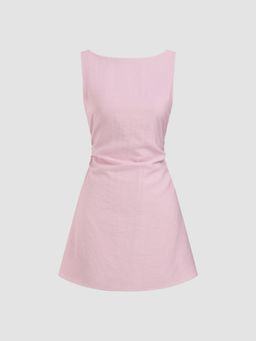 Cider - Linen-Blend Boat Neck Solid Knotted Backless Mini Dress