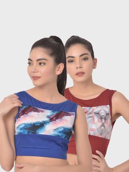 Clovia - Comfort-fit Active Geometric Print Crop Top Multi-Color (Pack of 2)
