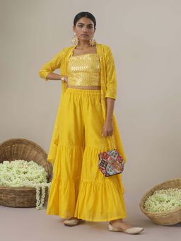 Gajra Gang - Pataka Mustard Top With Sharara & Jacket (Set of 3)