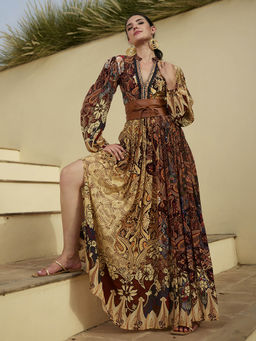 Bhanuni by Jyoti - Mahogany Brown Maxi Dress with Belt