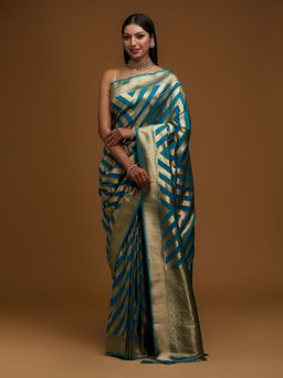 Koskii - Turquoise Zari Work Art Silk Designer Saree with Unstitched Blouse
