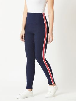 Miss Chase - Navy Blue Solid Skinny Knitted Twill Tape Detailing Regular High Waist Jeggings