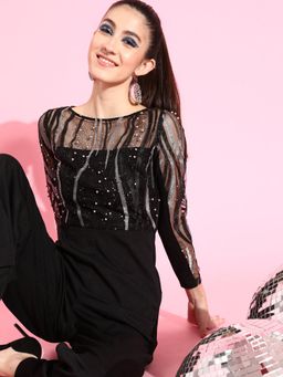 Miss Chase - Women's Black and Silver Embroidered Regular Jumpsuit