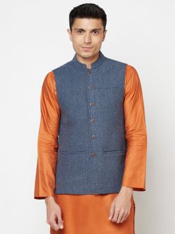 Fabindia - Wool Blue Self Design Men Nehru Jacket