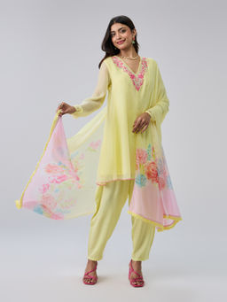 Gajra Gang - Yellow Georgette Embroidered Short Anarkali Salwar Dupatta Blushed Affair (Set of 3)