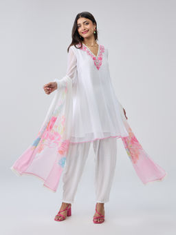 Gajra Gang - White Georgette Embroidered Short Anarkali Salwar Dupatta Blushed Affair (Set of 3)