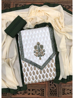 Palash - Off White Hand Block Printed Unstitched Kurta with Bottom & Dupatta