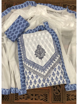 Palash - White Hand Block Printed Unstitched Kurta with Bottom & Dupatta