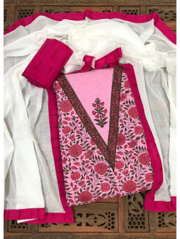 Palash - Pink Hand Block Printed Unstitched Kurta with Bottom & Dupatta