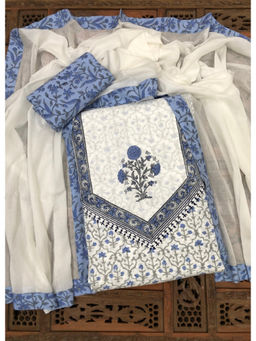 Palash - White Hand Block Printed Unstitched Kurta with Bottom & Dupatta