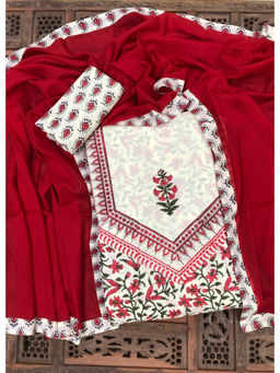 Palash - White Hand Block Printed Unstitched Kurta with Bottom & Dupatta