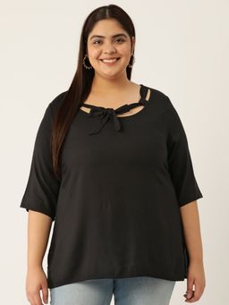 theRebelinme - Plus Size Womens Black Solid Color Neck Tie-up Detail Woven Top