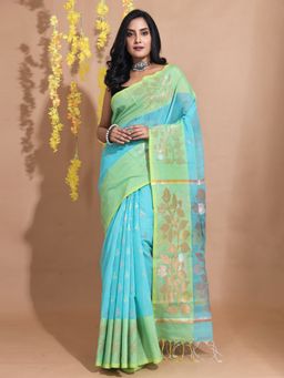 CHARUKRITI - Sky Blue Cotton Handspun Zari Woven Floral Designs Saree with Unstitched Blouse