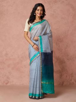 Fabindia - Light Blue Silk Hand Block Printed Saree without Blouse