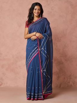 Fabindia - Blue Cotton Silk Hand Embroidered Saree without Blouse