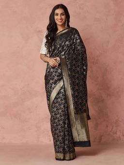 Fabindia - Black Silk Blend Woven Saree without Blouse